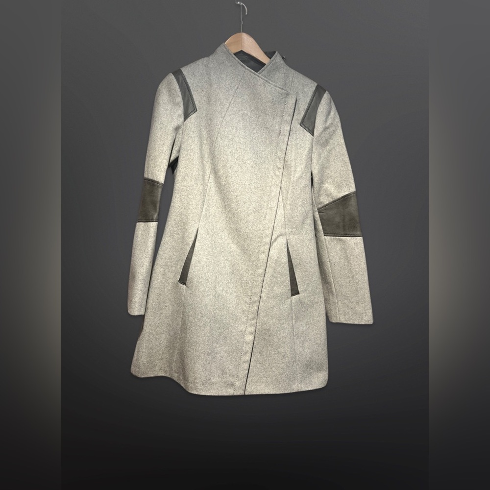 Calvin Klein Wool Blend Asymmetrical Zipper Coat w/ Vegan Leather Detail